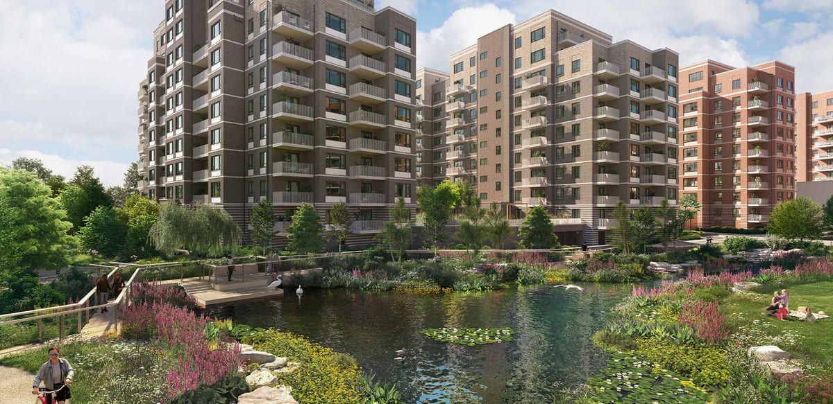 Computer-generated image of Fero House rising beyond the lake, boardwalk and planting of Garden Square
