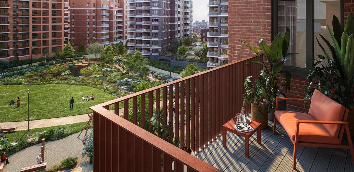 Computer-generated image of a balcony at Opal House overlooking the lawns and waterways of Garden Square
