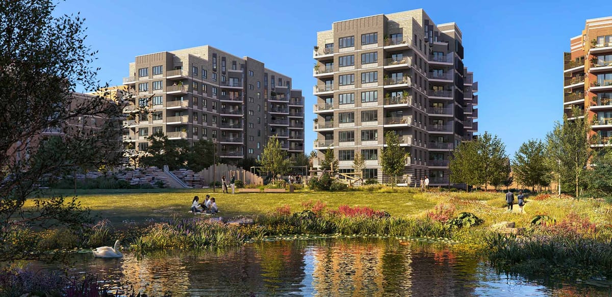 Computer-generated image of Rosa House's two buildings rising behind the lake and lawns of Garden Square