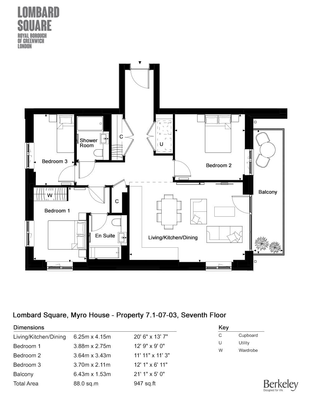 Floor plan of Myro House apartment 7.1-07-03: three bedrooms with an en suite, family bathroom, open-plan living, kitchen and dining room and long balcony