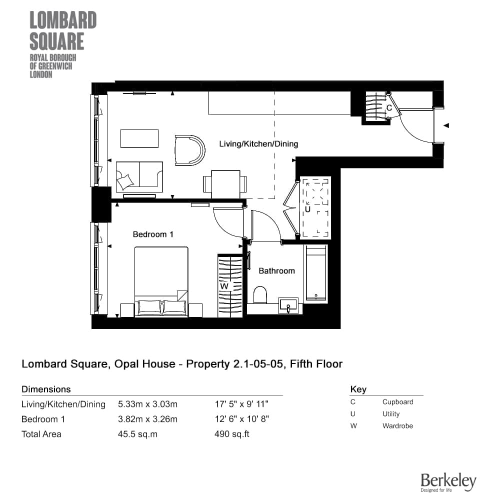 Floor plan of Opal House apartment 2.1-05-05: one bedroom, open-plan living, kitchen and dining room and bathroom