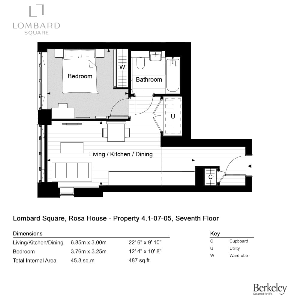 Floor plan of Rosa House apartment 4.1-07-05: one bedroom, open-plan living, kitchen and dining room and bathroom