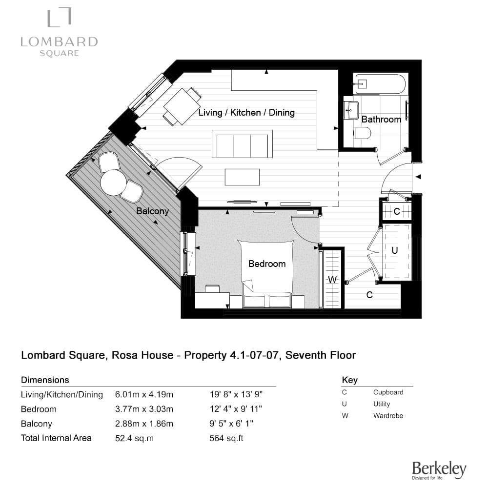 Floor plan of Rosa House apartment 4.1-07-07: one bedroom, open-plan living, kitchen and dining room, bathroom and balcony