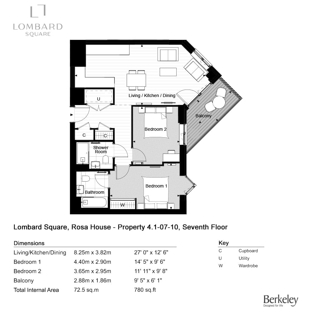 Floor plan of Rosa House apartment 4.1-07-10: two bedrooms, bathroom, shower room, open-plan living, kitchen and dining room and balcony