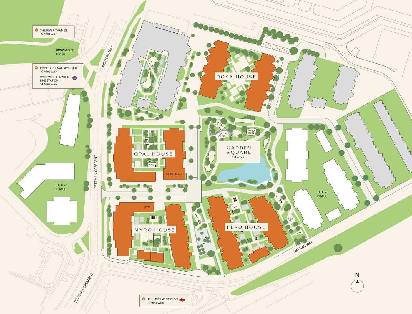 Site plan of Lombard Square showing Rosa House to the north, Opal House and Myro House to the west, Fero House to the south-east, and Garden Square with its lake at the centre